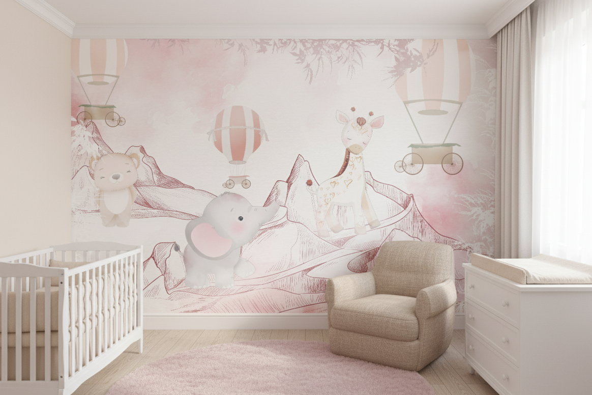 Nursery room with floral wallpaper, crib, chair, and changing table.