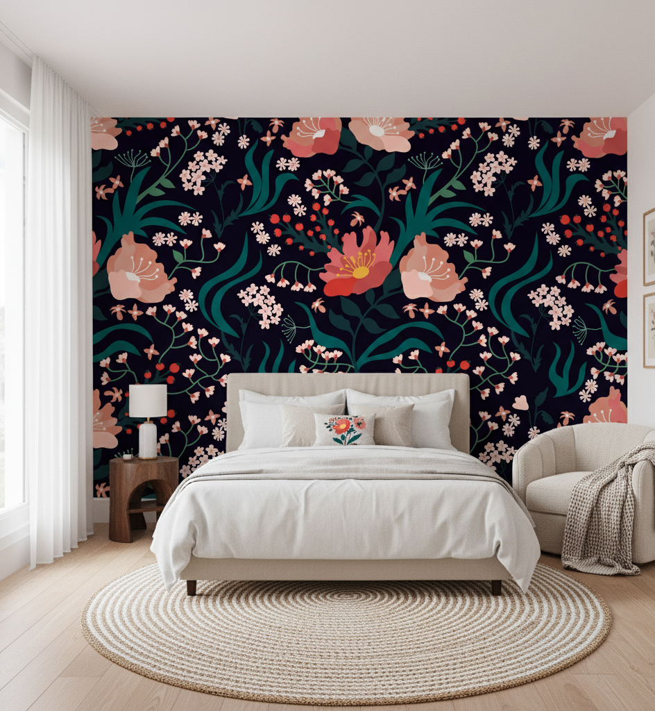 Bedroom with floral wall mural and round rug