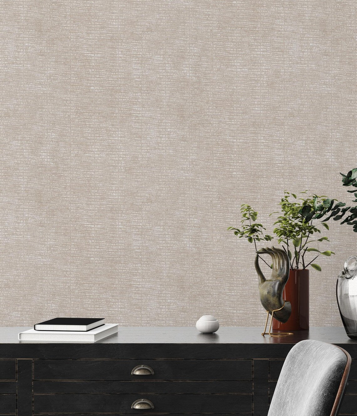 Light Beige Crackle Texture Wallpaper, Fissured Distressed Stucco