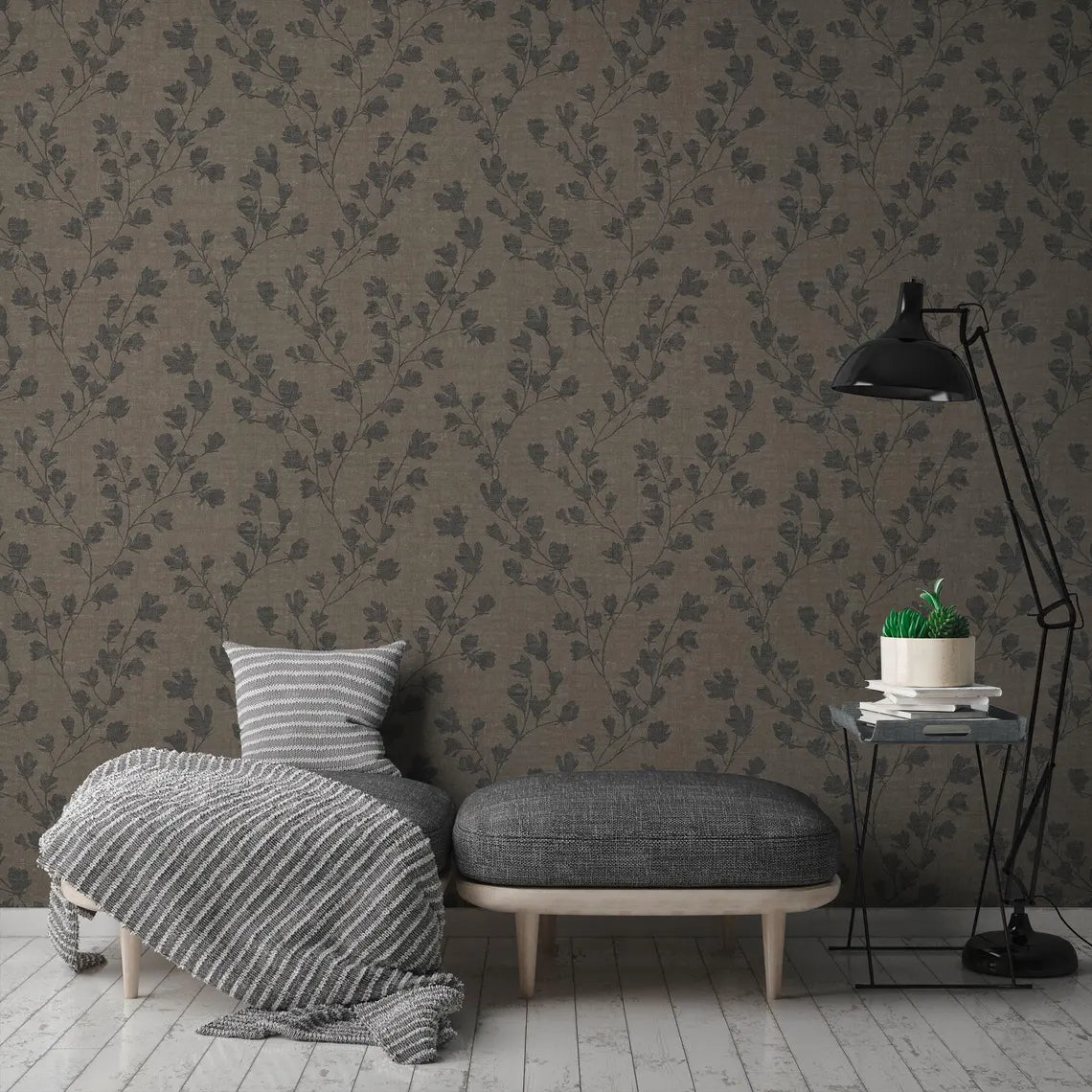 Taupe & Charcoal Floral Trail Wallpaper, Monochromatic Brown Linen Texture