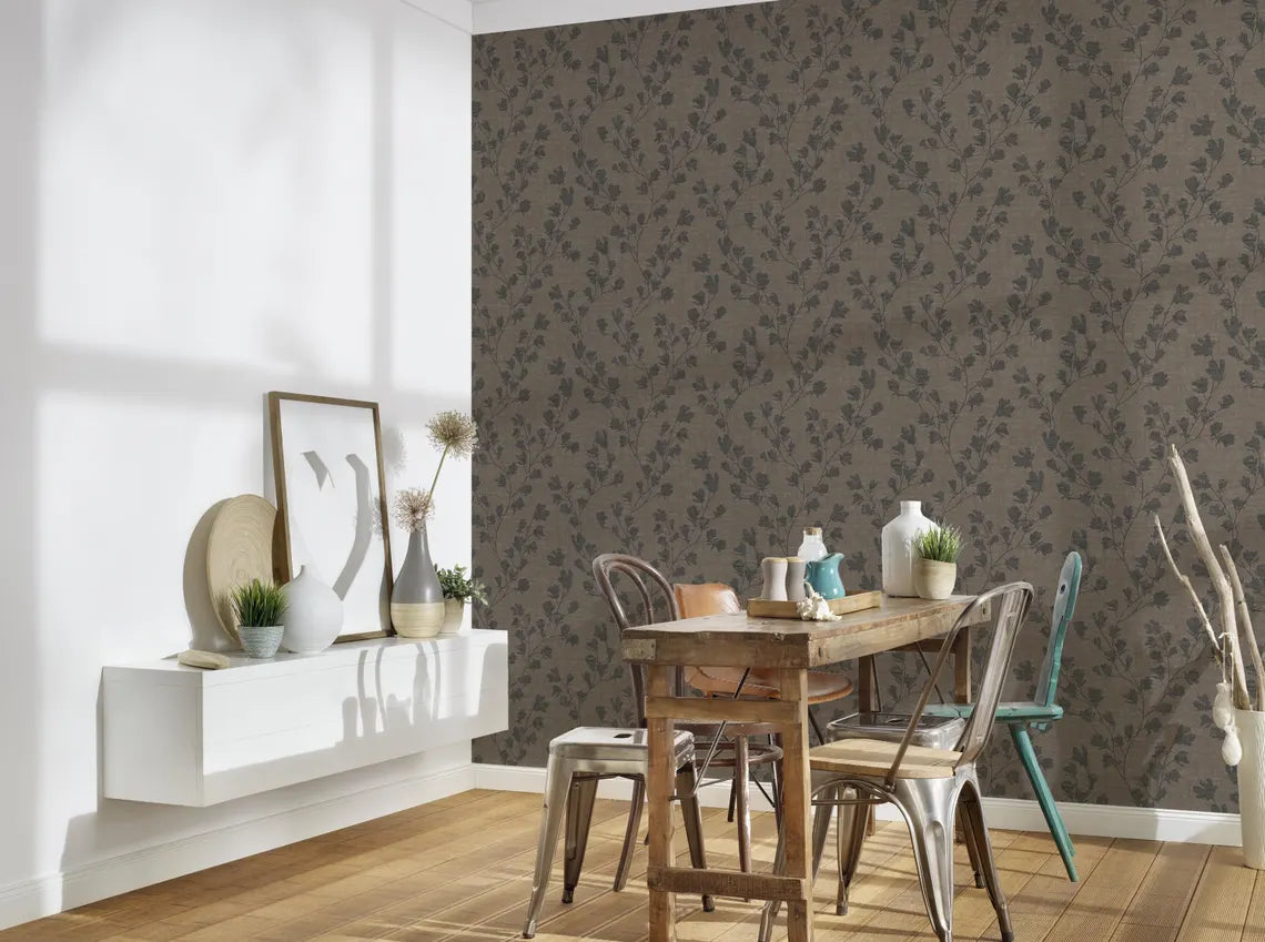 Taupe & Charcoal Floral Trail Wallpaper, Monochromatic Brown Linen Texture