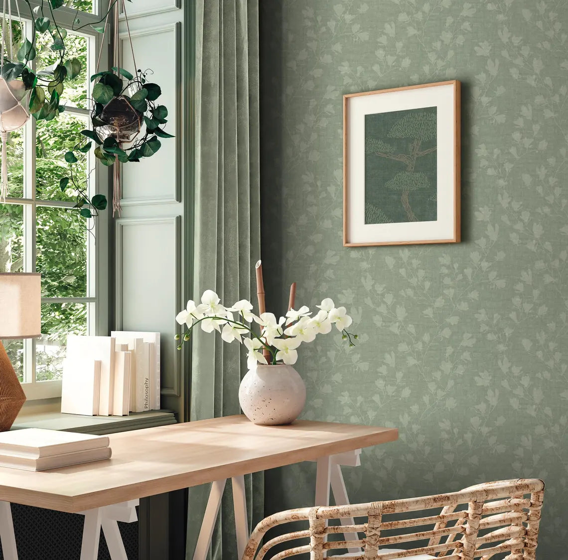 Sage Green Floral Trail Wallpaper