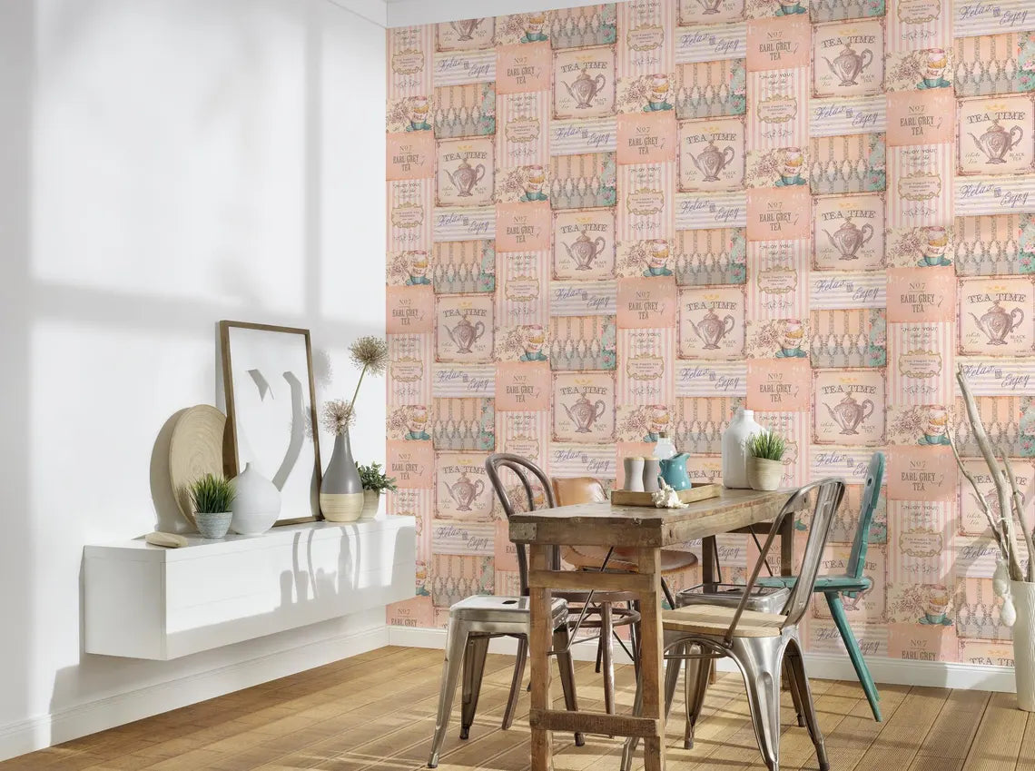 Warm Pastel Vintage Tea Party Collage Wallpaper