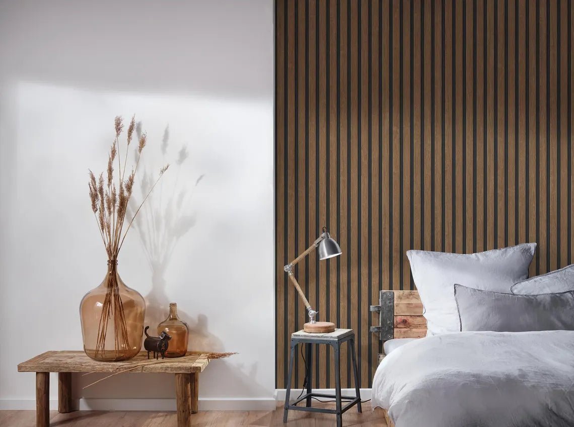 Brown & Black Wood Slat Effect Wallpaper, Modern Vertical Stripe