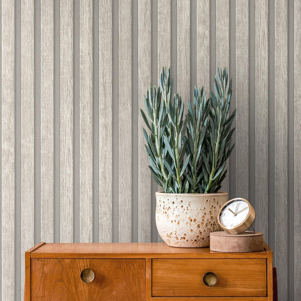 Light Wood Slat Effect Wallpaper, Embossed Grey Taupe Vertical Stripe