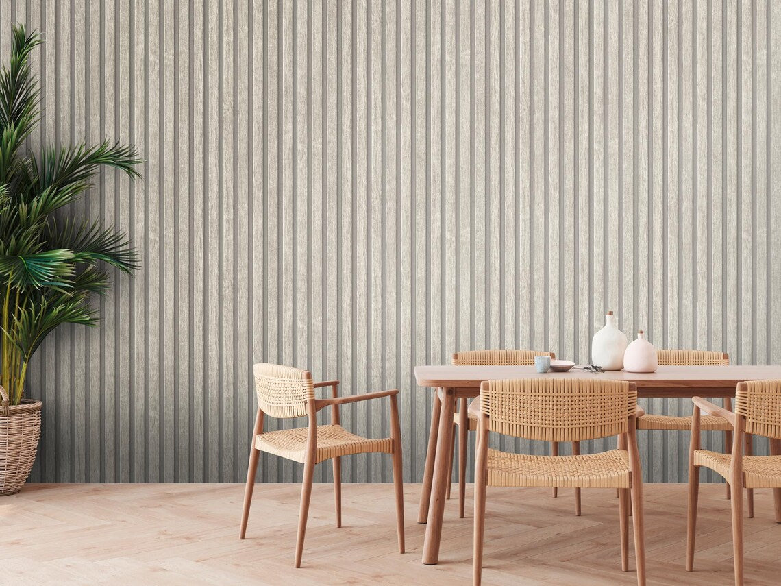 Light Wood Slat Effect Wallpaper, Embossed Grey Taupe Vertical Stripe