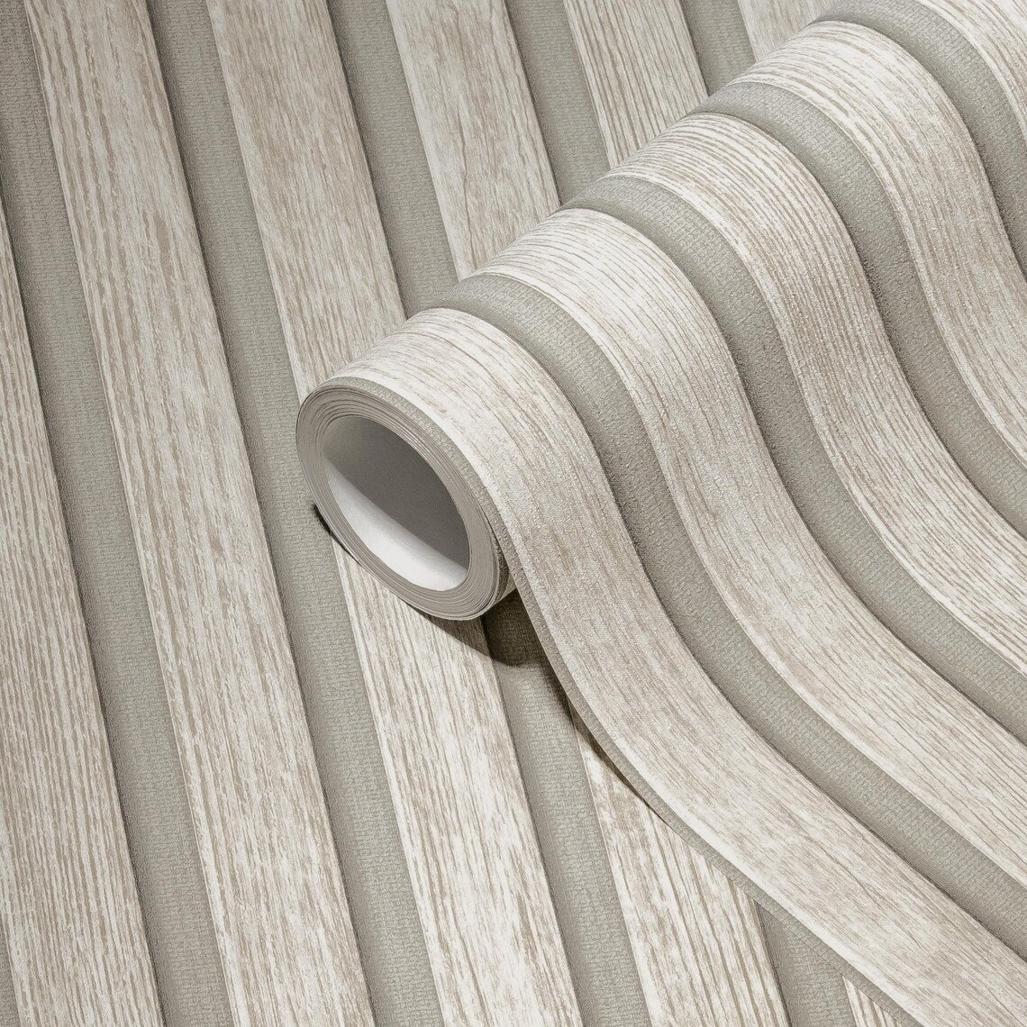 Light Wood Slat Effect Wallpaper, Embossed Grey Taupe Vertical Stripe