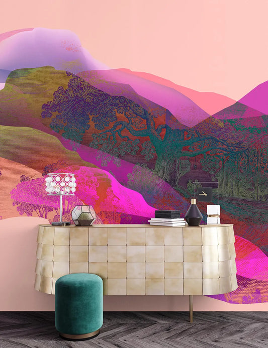 Abstract Mountain Mural Art, Purple Pink Green Accent Wall Mural