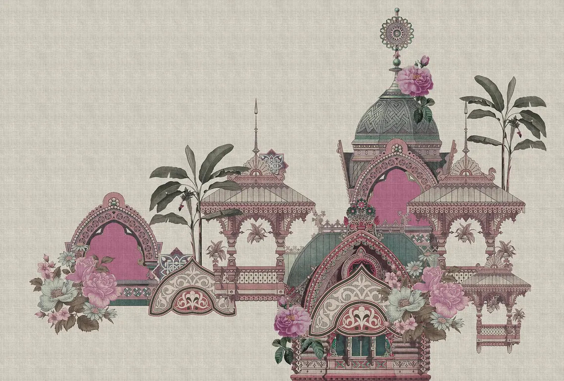 Pink Vintage India Palace Architectural Wall Mural - Dewaar