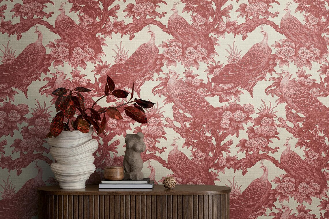 Pink Chinoiserie Peacock Wallpaper, Art Nouveau Peel and Stick Mural