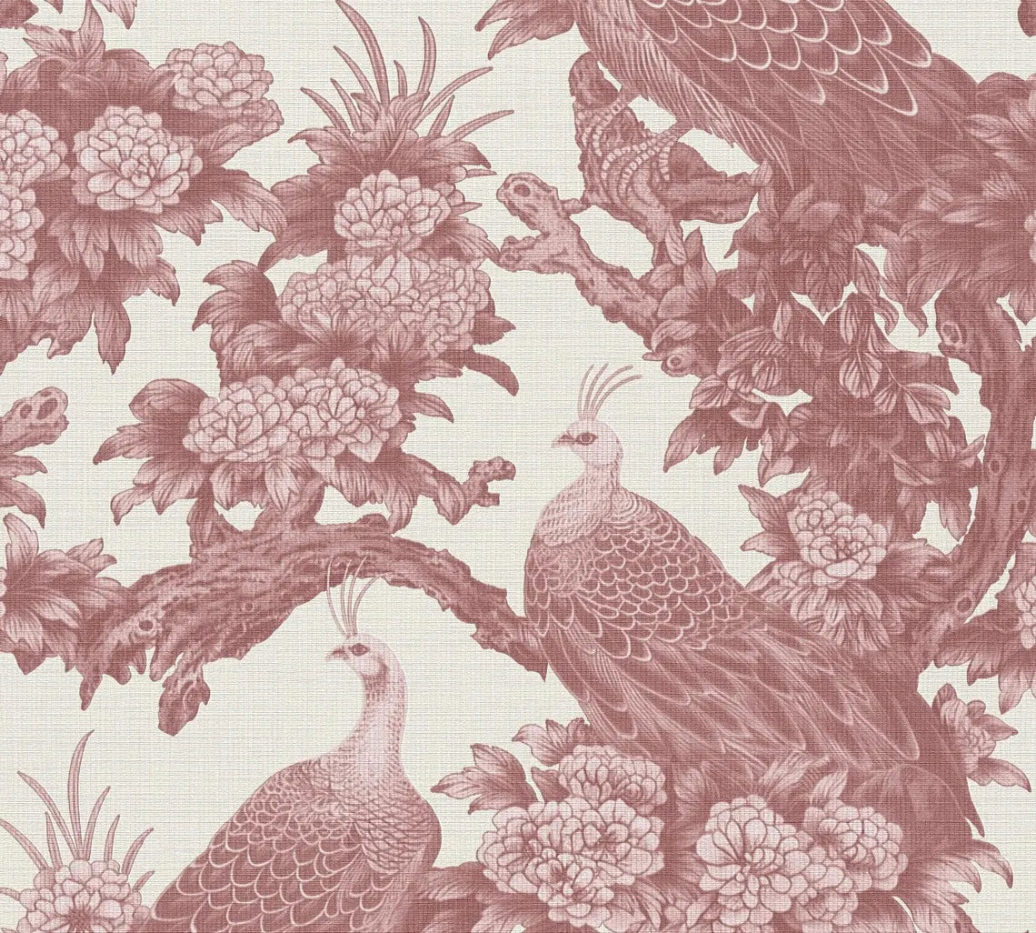 Pink Chinoiserie Peacock Wallpaper, Art Nouveau Peel and Stick Mural
