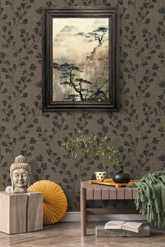 Taupe & Charcoal Floral Trail Wallpaper, Monochromatic Brown Linen Texture