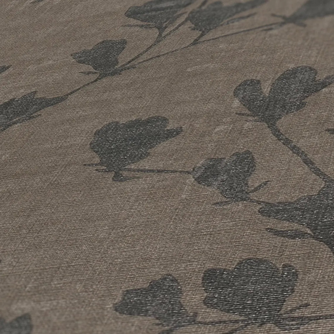 Taupe & Charcoal Floral Trail Wallpaper, Monochromatic Brown Linen Texture