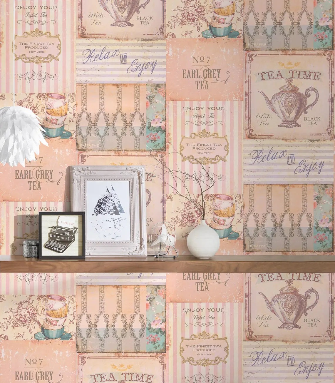 Warm Pastel Vintage Tea Party Collage Wallpaper
