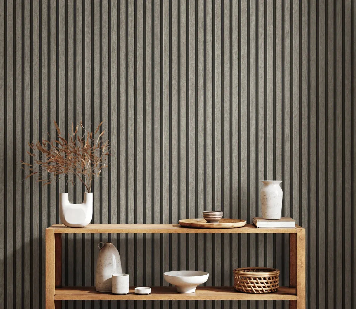 Light Wood & Dark Grey Slat Panel Wallpaper, Vertical Stripe