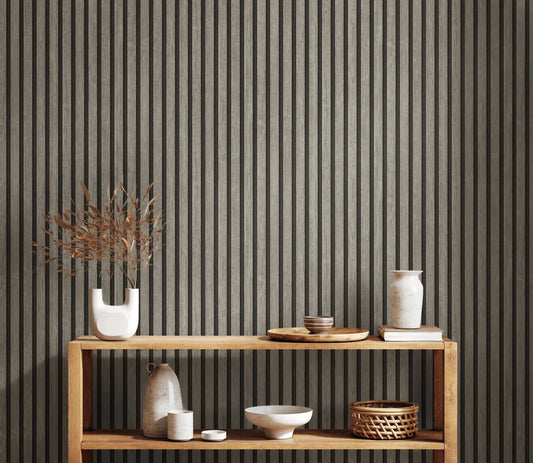 Light Wood & Dark Grey Slat Panel Wallpaper, Vertical Stripe