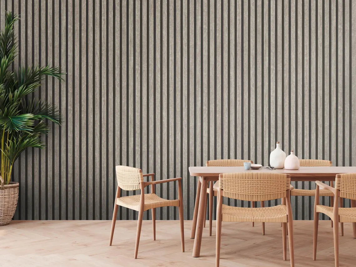 Light Wood & Dark Grey Slat Panel Wallpaper, Vertical Stripe