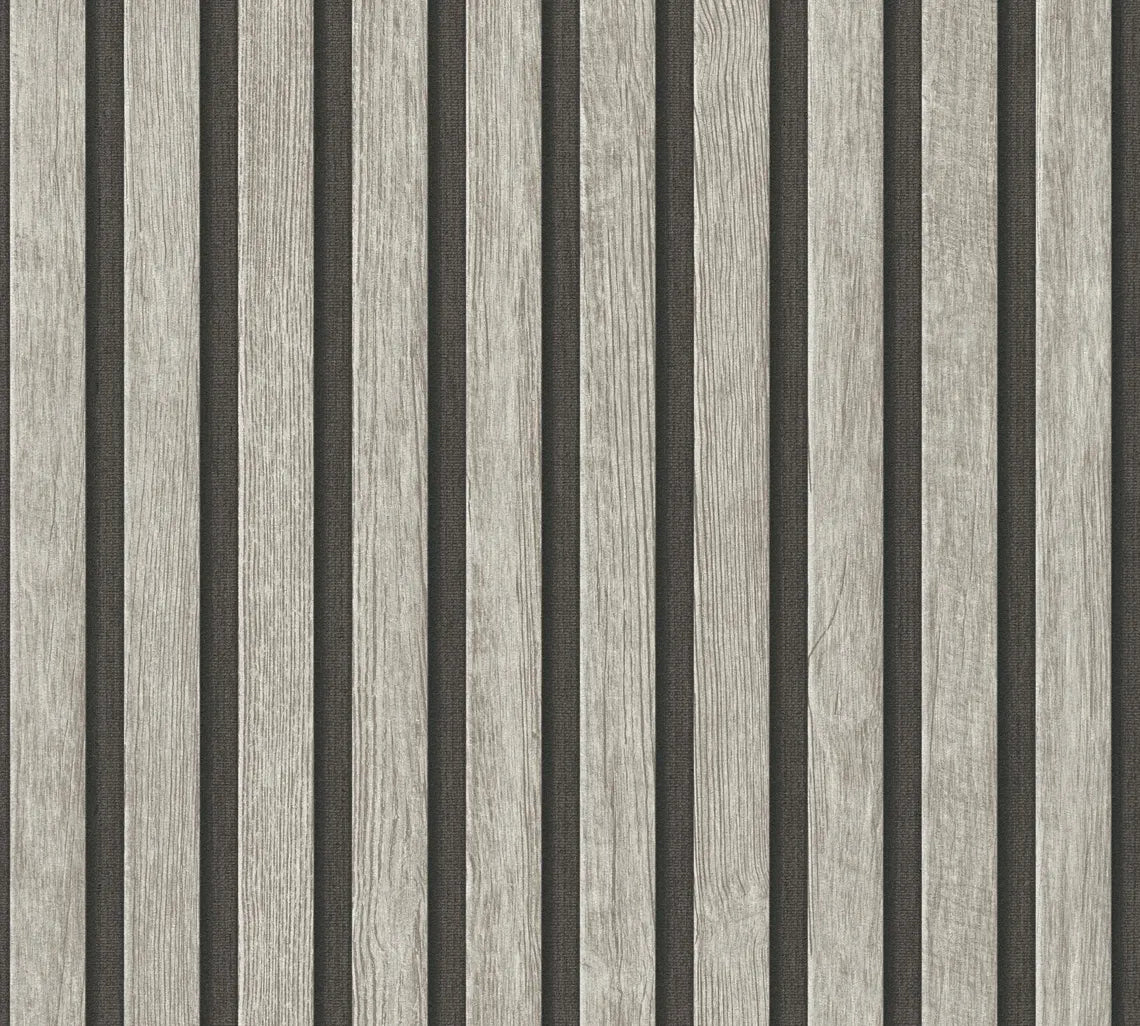Light Wood & Dark Grey Slat Panel Wallpaper, Vertical Stripe