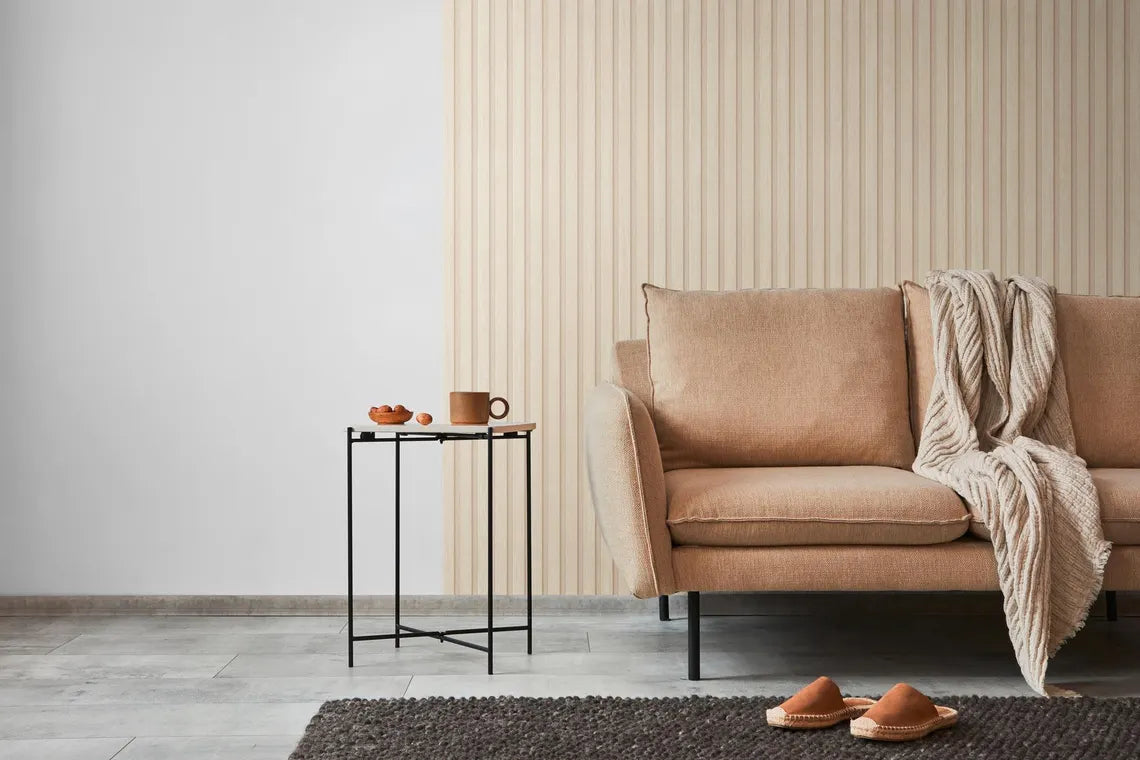 Natural Beige Wood Slat Effect Wallpaper, Embossed Light Stripe