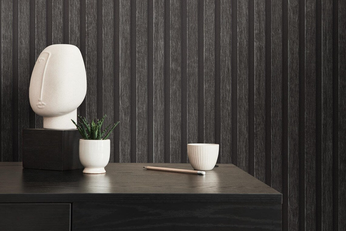 Dark Charcoal Black Wood Slat Effect Wallpaper, Textured Vertical Stripe