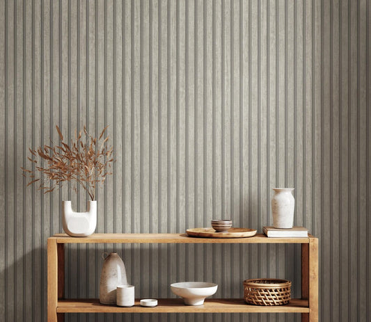 Light Wood Slat Effect Wallpaper, Embossed Grey Taupe Vertical Stripe