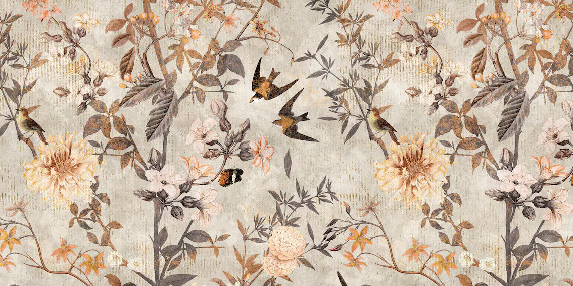 Vintage Chinoiserie Floral & Bird Mural