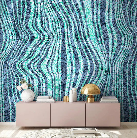 Aqua Blue and Gray Wavy Pattern Mural Art