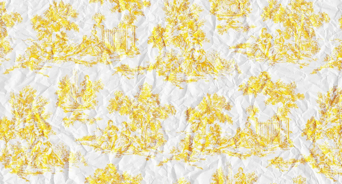 Yellow Toile de Jouy Mural, Distressed French Country Wall Art