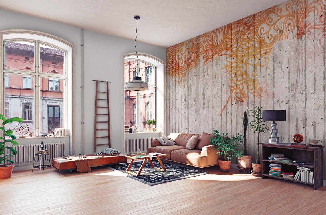 Boho Mandala Wall Mural, Distressed Wood Plank