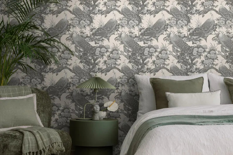 Peacock Chinoiserie Wallpaper, Grey Floral Bird Wall Mural