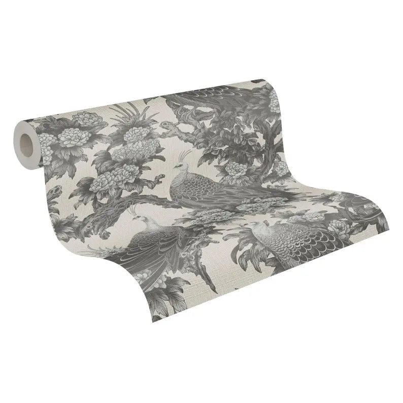 Peacock Chinoiserie Wallpaper, Grey Floral Bird Wall Mural