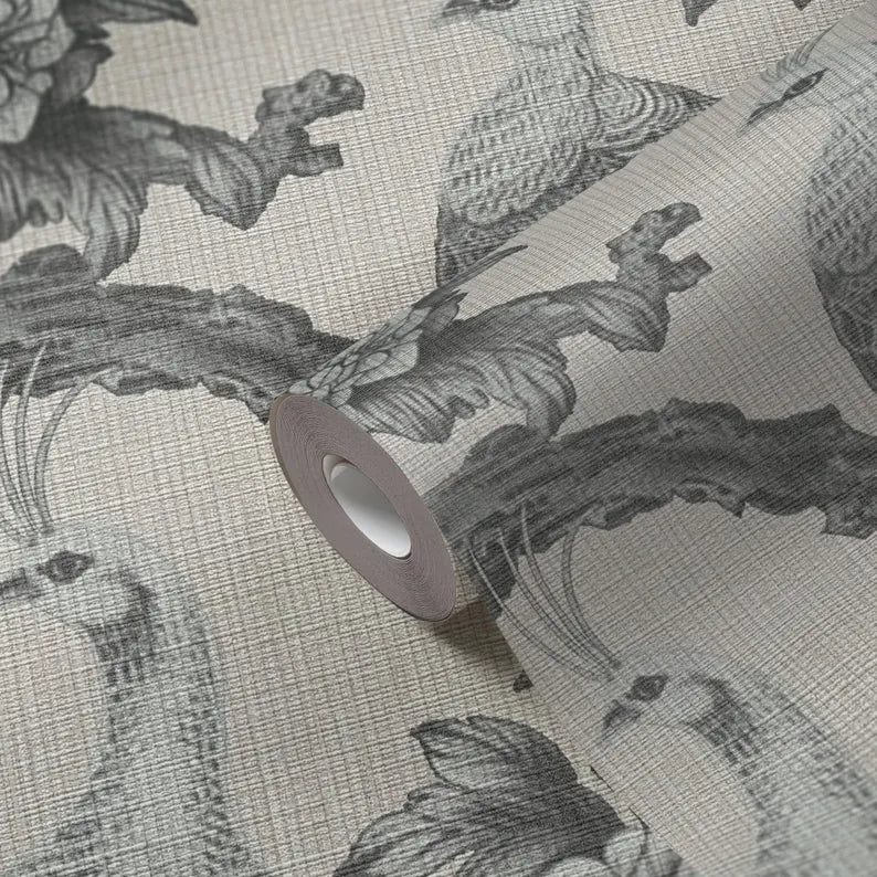 Peacock Chinoiserie Wallpaper, Grey Floral Bird Wall Mural