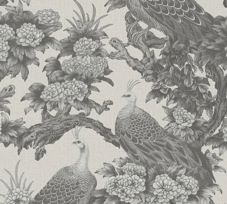 Peacock Chinoiserie Wallpaper, Grey Floral Bird Wall Mural