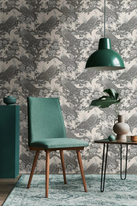 Peacock Chinoiserie Wallpaper, Grey Floral Bird Wall Mural
