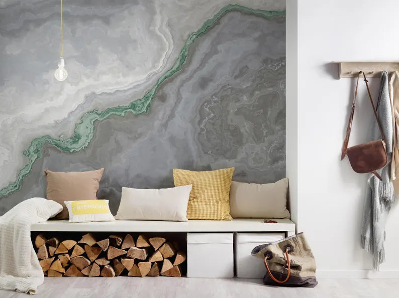 Green Marble Vein Mural, Abstract Onyx Stone, Modern Wall Art