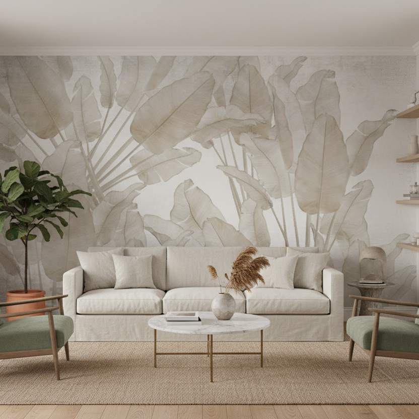 Modern living room with a large abstract wall mural, white sofa, and green armchairs.