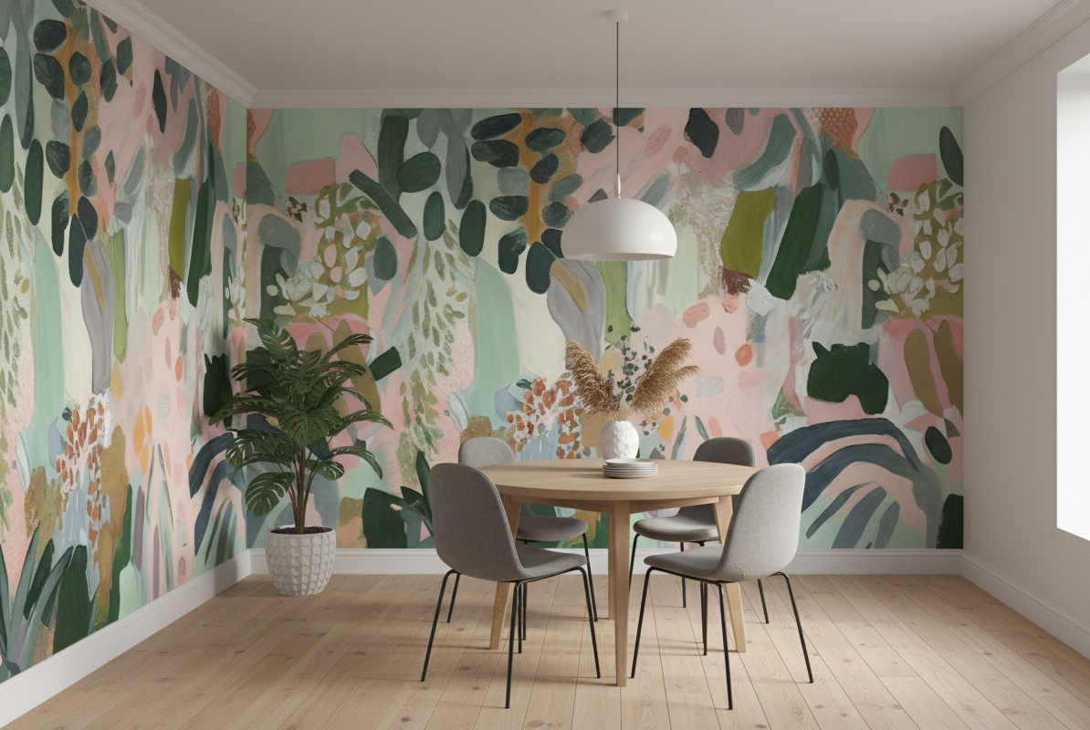 Abstract Expressionist Mural, Blush Pink & Sage Green Art