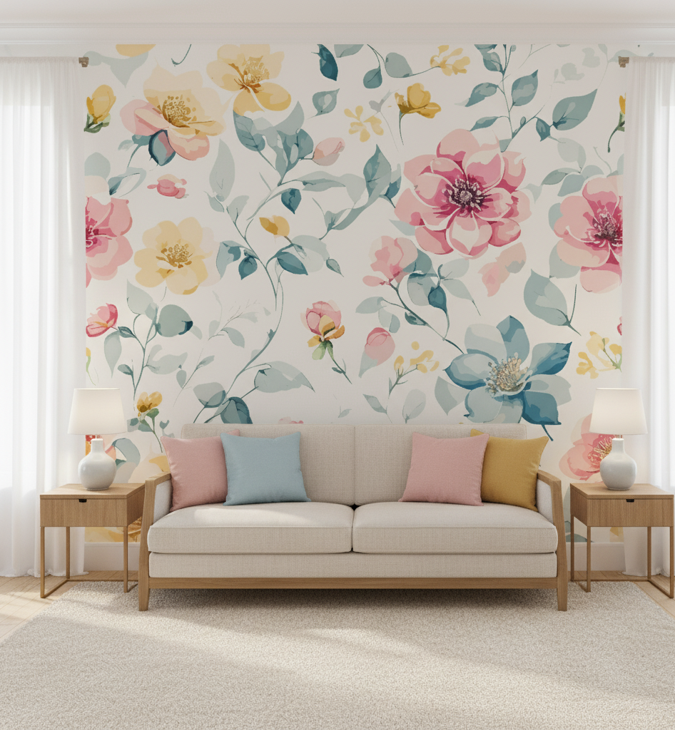 Living room with floral wallpaper, beige sofa, and side tables.