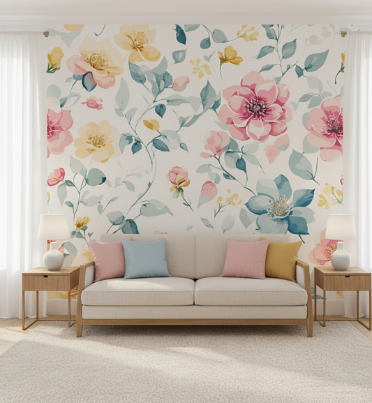 Living room with floral wallpaper, beige sofa, and side tables.