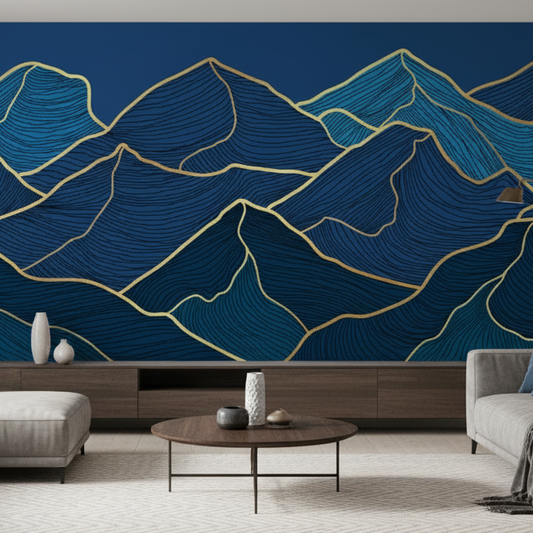 Modern living room with a large wall mural of abstract mountains.