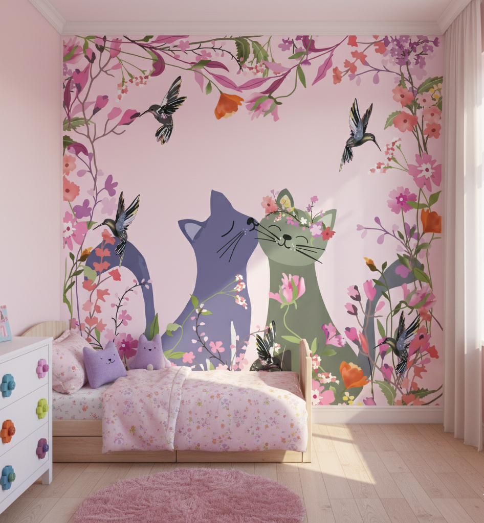 Children's bedroom with floral wall mural, colorful cats, and birds.