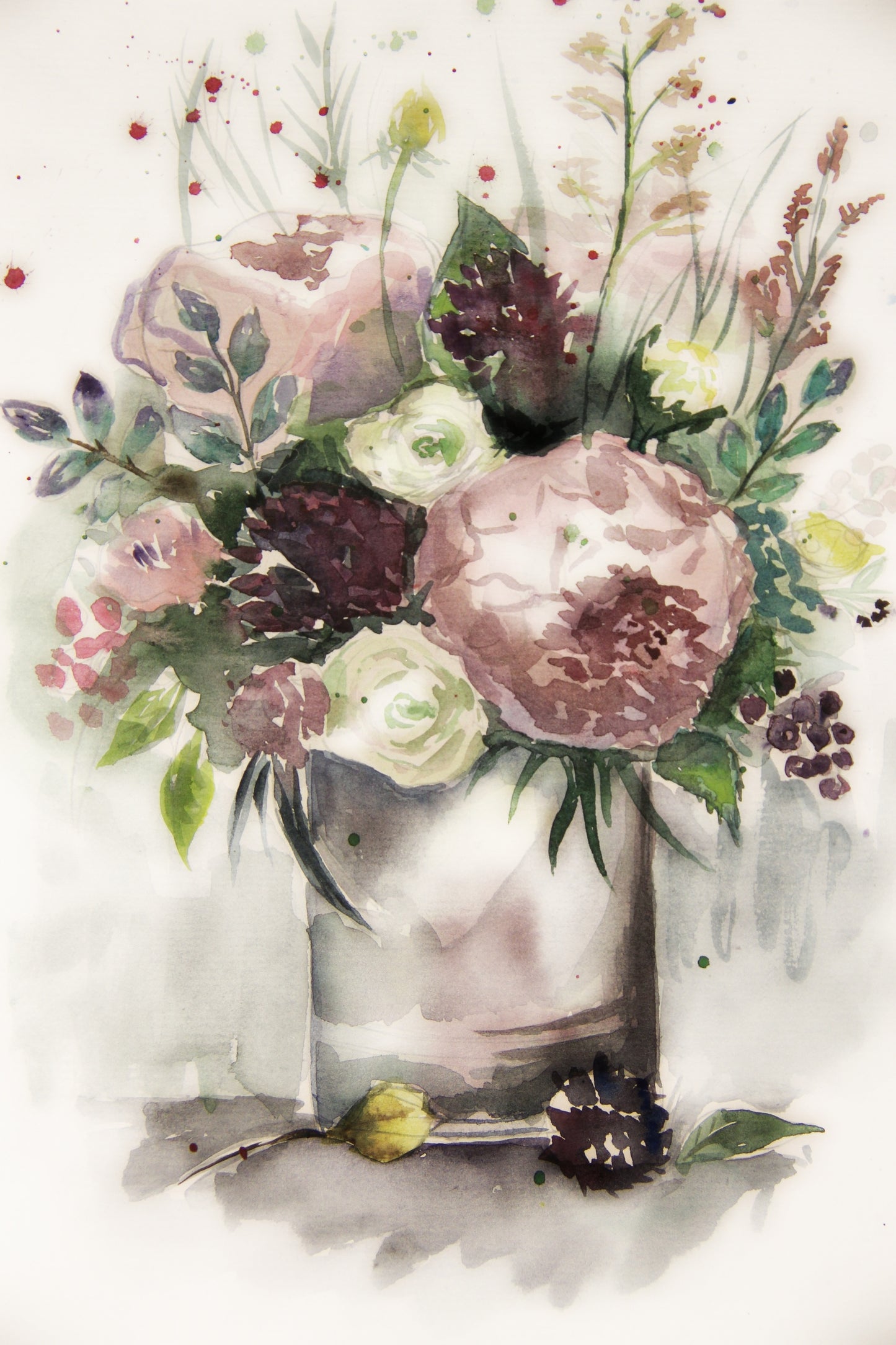 Abstract Watercolor Floral Bouquet Mural, Artistic Painted Bloom Wall