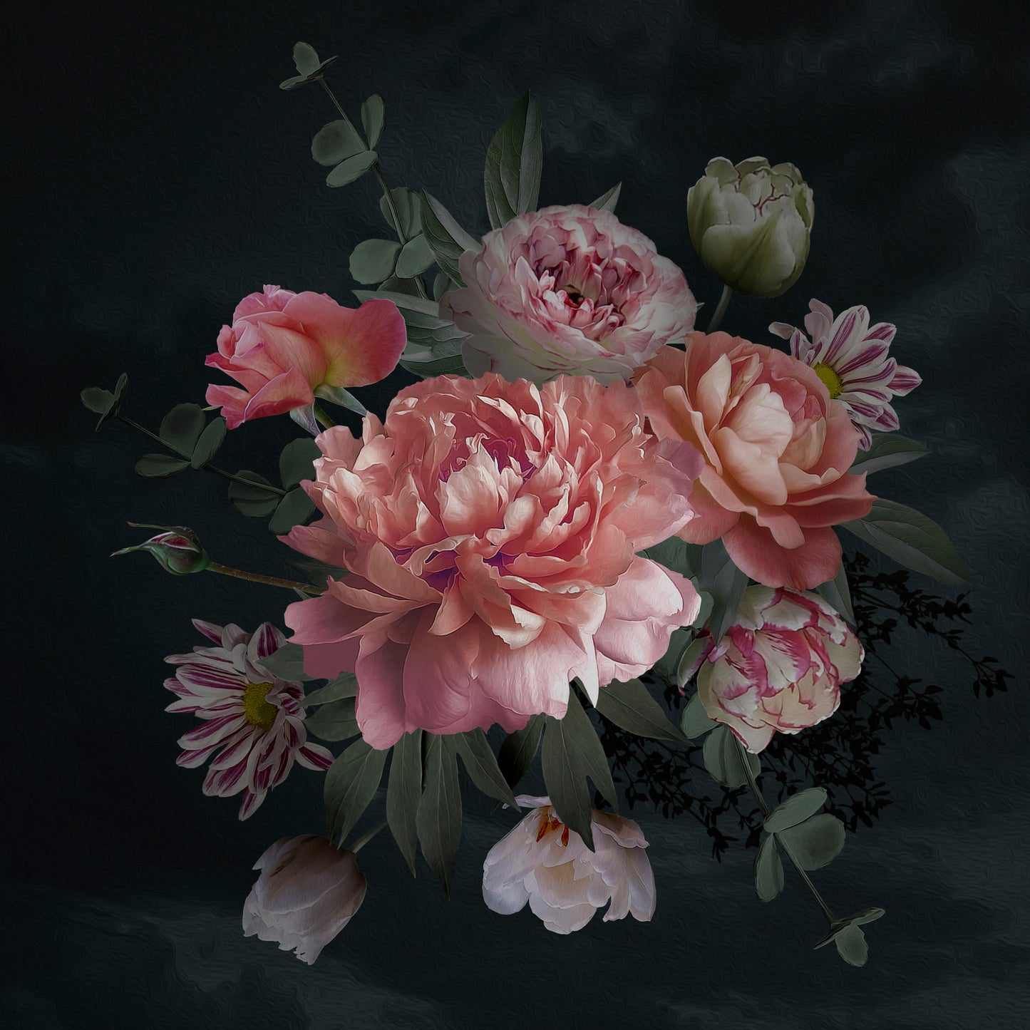 Midnight Peony Mural, Lush Watercolor Florals in Pink, Peach & White