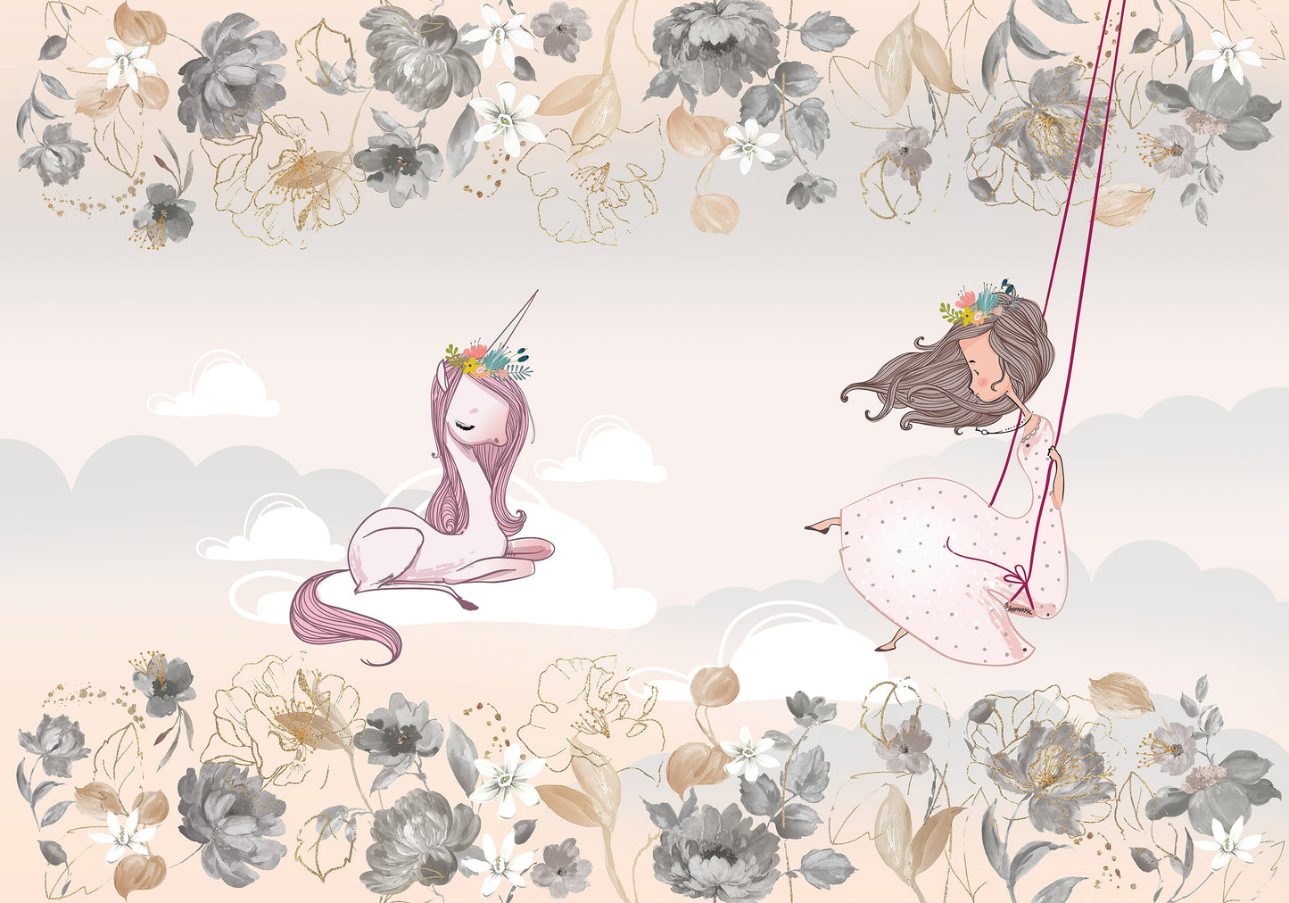 Whimsical Unicorn & Girl on Swing Floral Wall Mural