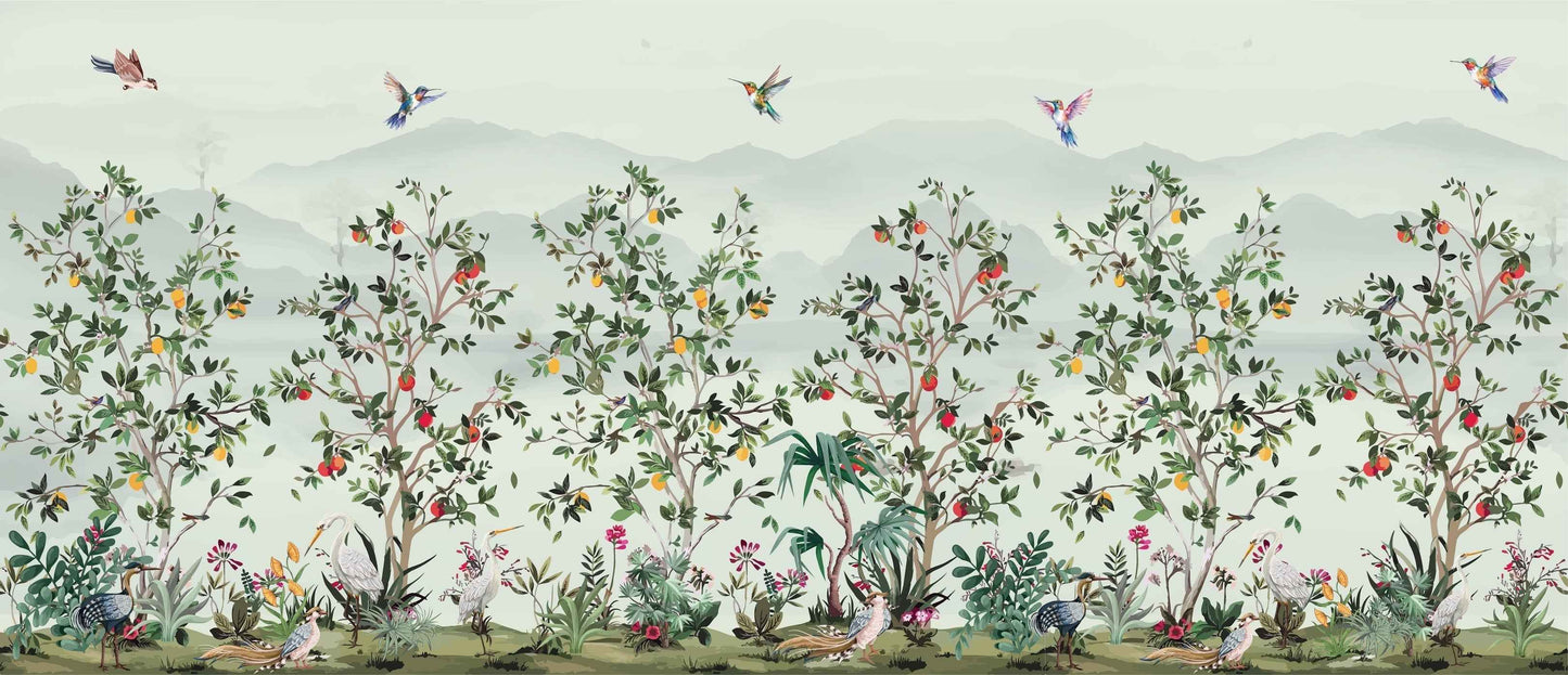 Botanical Grove Wall Mural, Hummingbird Décor, Lush Garden Scene