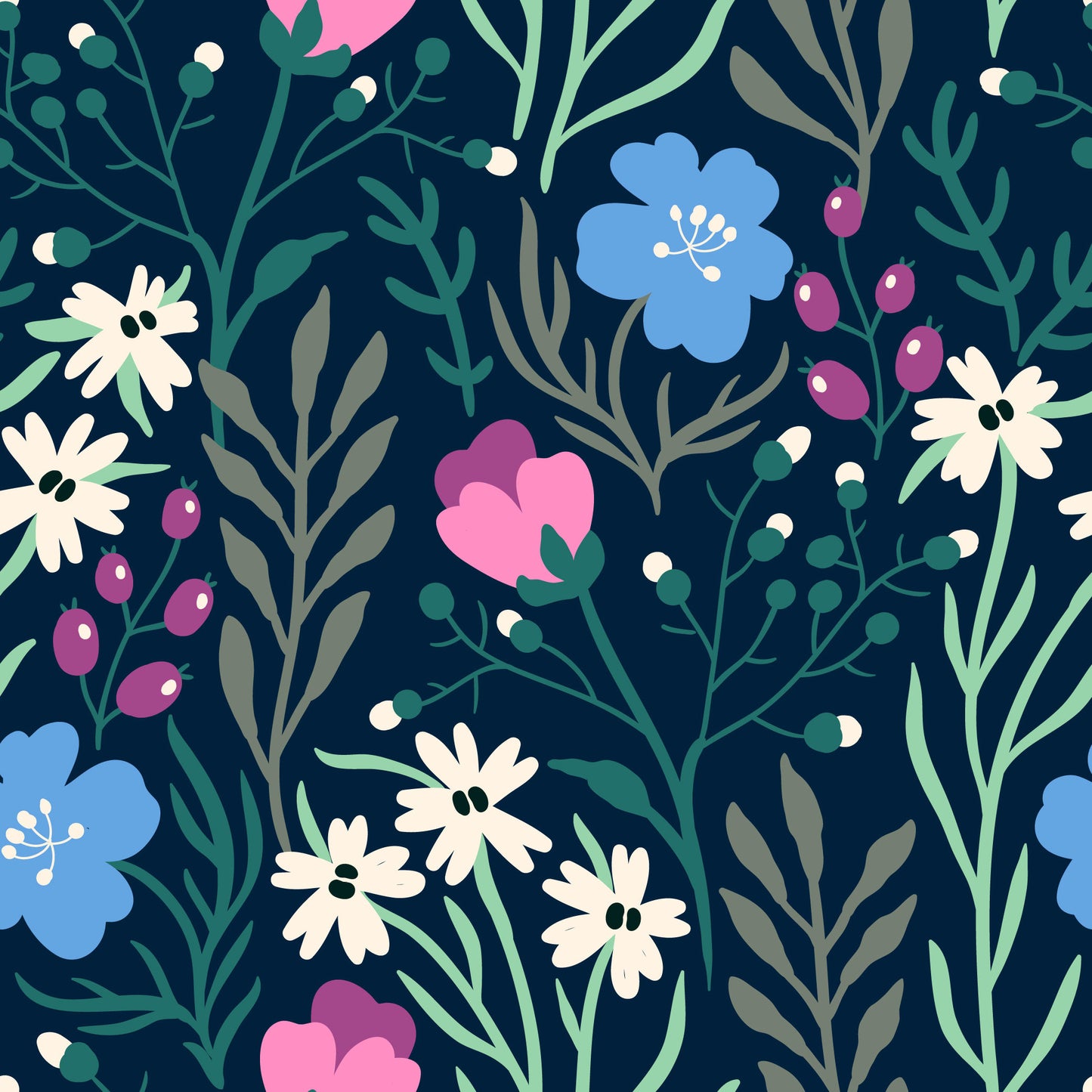 Navy Blue Floral Wallpaper, Modern Botanical Mural for Living Room & Bedroom