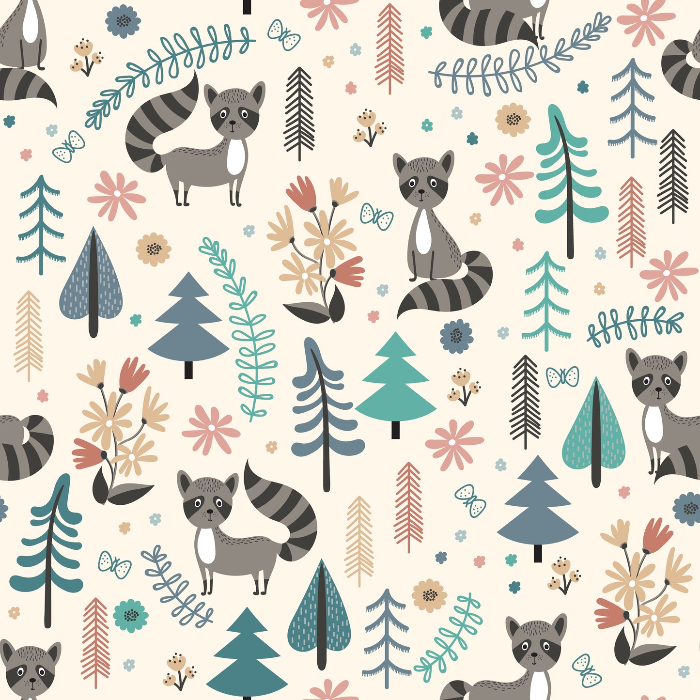 Raccoon Meadow Mural, Whimsical Forest Friends in Soft Pastels