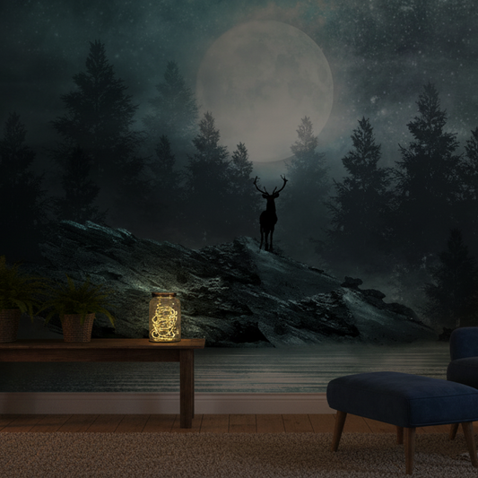 Moonlit Wilderness Mural, Stag & Pine Forest Under a Misty Night Sky