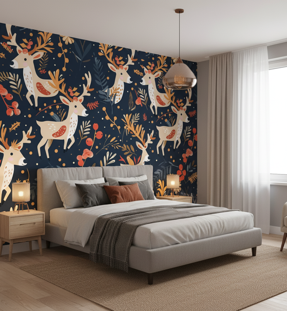Modern bedroom with deer-themed wall tapestry and cozy decor.