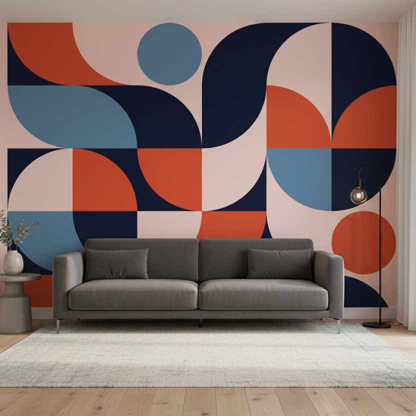 Modern Rhythm Mural, Abstract Geometry in Navy, Coral & Soft Pastels